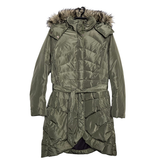 Womens Lands End Down Puffer Coat Size Large 14 16 Green Olive Hood Tulip Hem - Picture 1 of 6